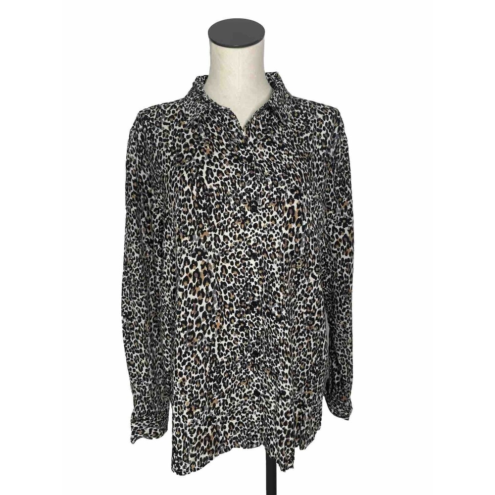 Beach Lunch Lounge Leopard Print Top Button Down Shirt Long Sleeve  XL